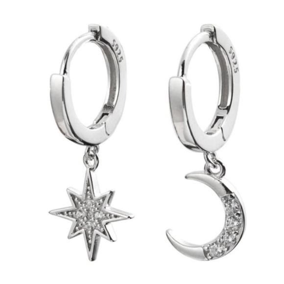 NEW 925 STERLING SILVER DIAMOND MOON STAR HOOPS - Picture 1 of 4